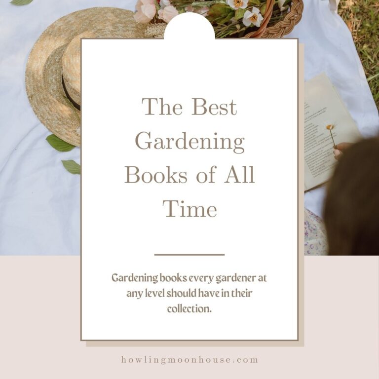 The Best Gardening Books of All Time blog post cover art with a woman reading on a blanket surrounded by a basket of flowers and a straw hat.